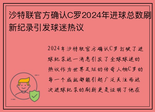 沙特联官方确认C罗2024年进球总数刷新纪录引发球迷热议 沙特联官方确认C罗2024年进球总数刷新纪录引发球迷热议
