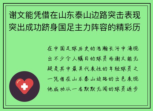 谢文能凭借在山东泰山边路突击表现突出成功跻身国足主力阵容的精彩历程 谢文能凭借在山东泰山边路突击表现突出成功跻身国足主力阵容的精彩历程